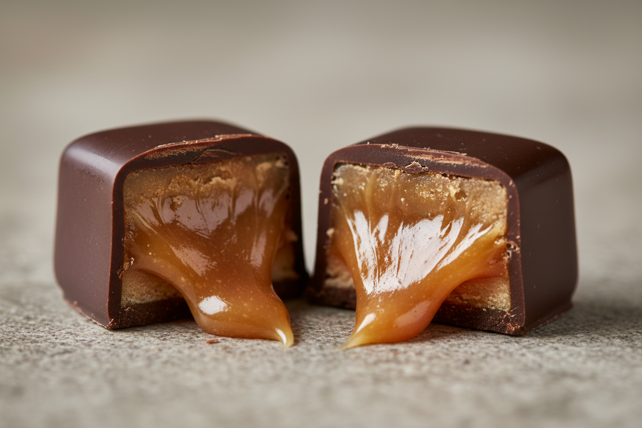a piece of caramel coated in chocolate